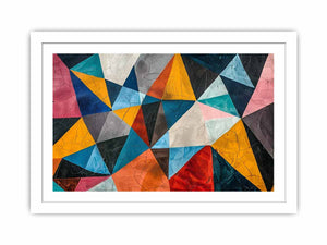 Colorful geometric abstract canvas art with triangles for bold modern living room decor.