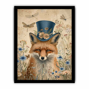 Whimsical fox canvas artwork with blue hat, flowers, and dragonflies for charming nursery decor.