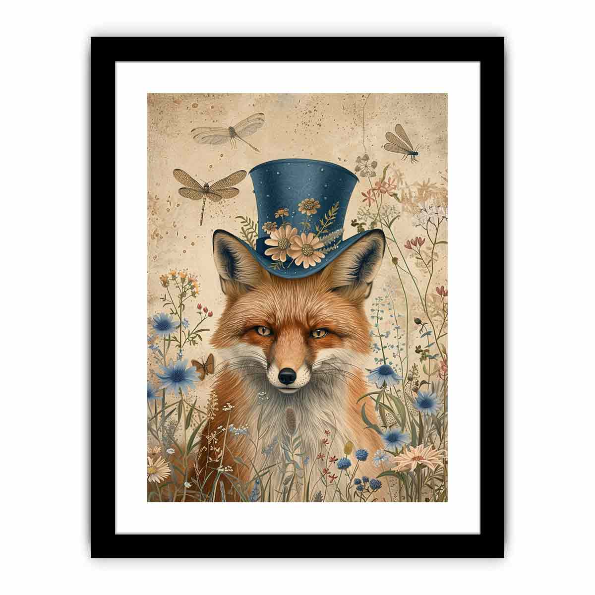 Whimsical fox canvas artwork with blue hat, flowers, and dragonflies for charming nursery decor.