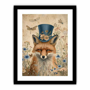 Whimsical fox canvas artwork with blue hat, flowers, and dragonflies for charming nursery decor.