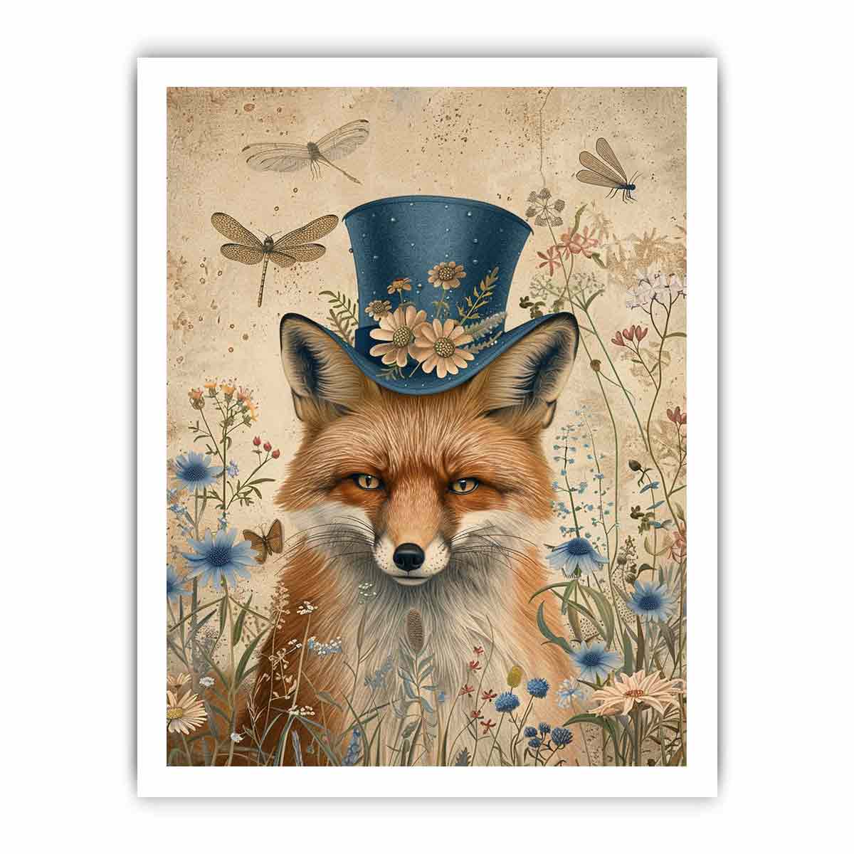 Whimsical fox canvas artwork with blue hat, flowers, and dragonflies for charming nursery decor.