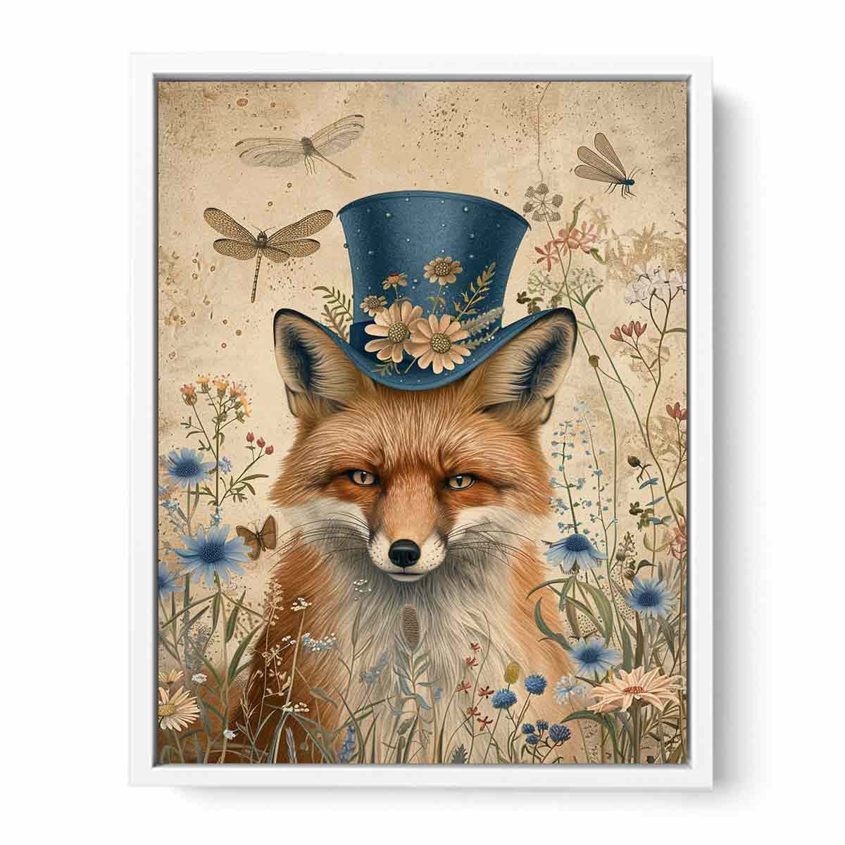 Whimsical fox canvas artwork with blue hat, flowers, and dragonflies for charming nursery decor.