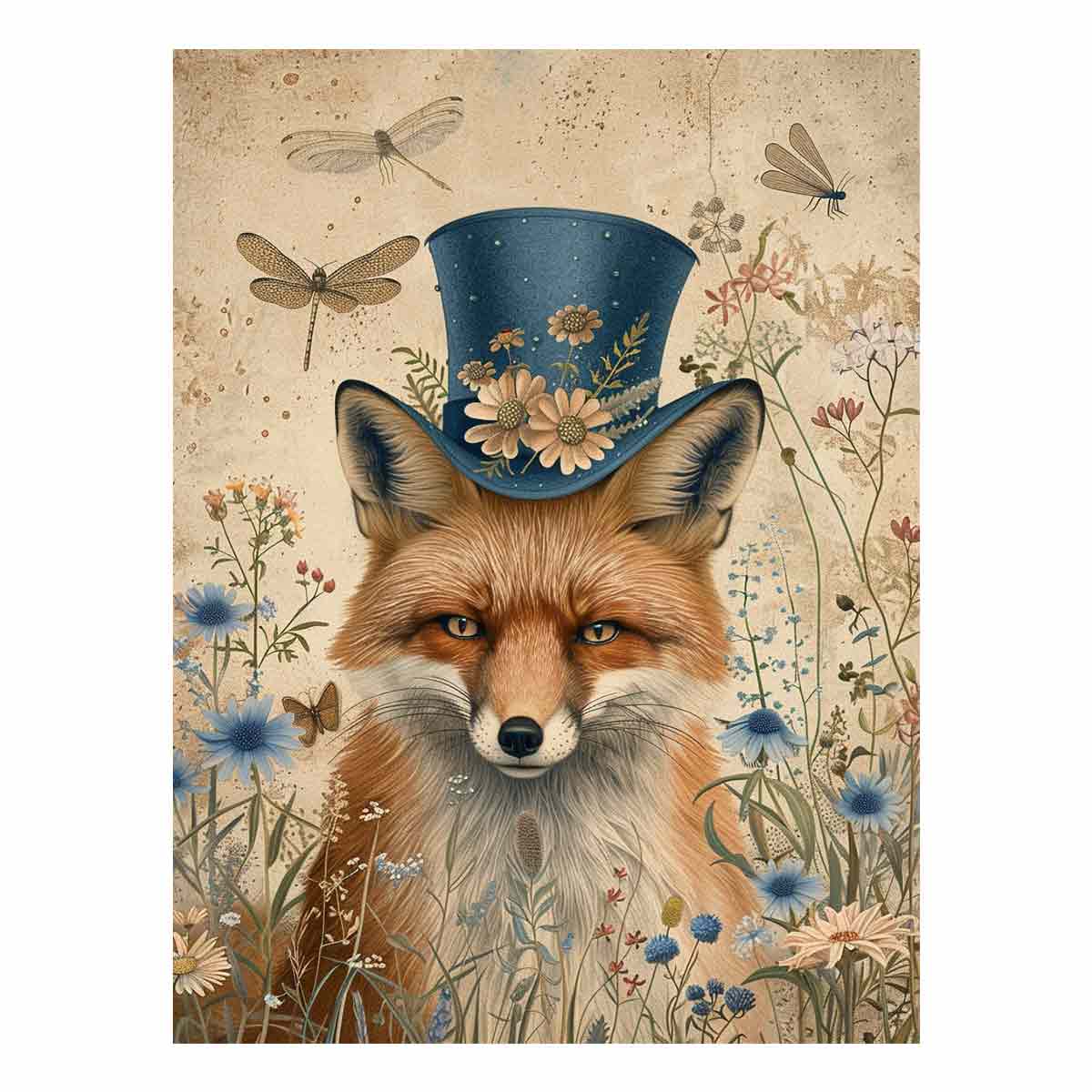 Whimsical fox canvas artwork with blue hat, flowers, and dragonflies for charming nursery decor.