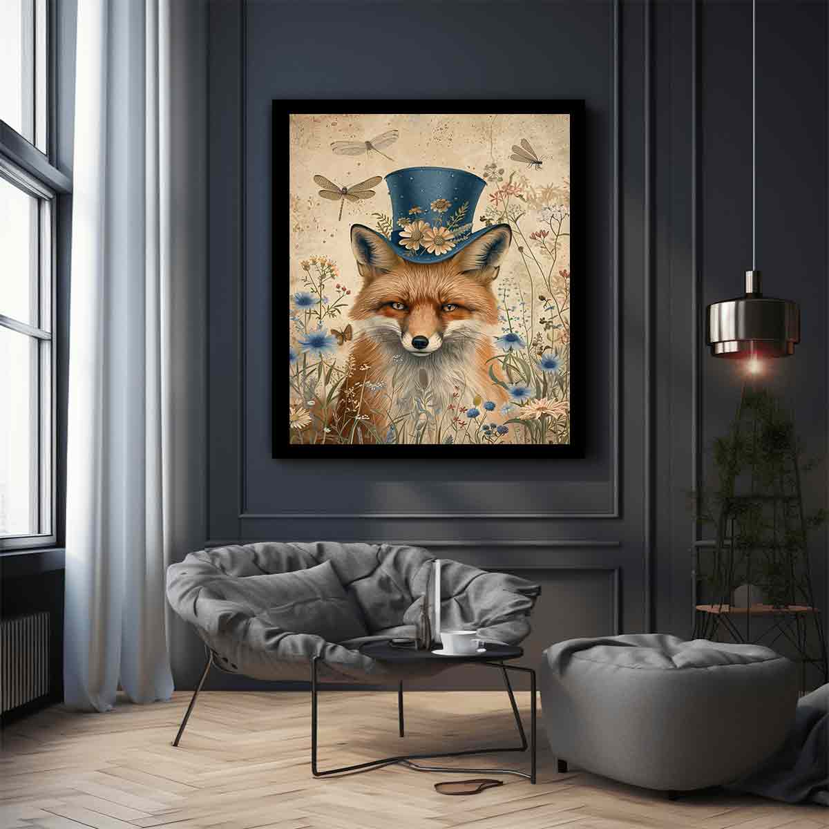 Whimsical fox canvas artwork with blue hat, flowers, and dragonflies for charming nursery decor.