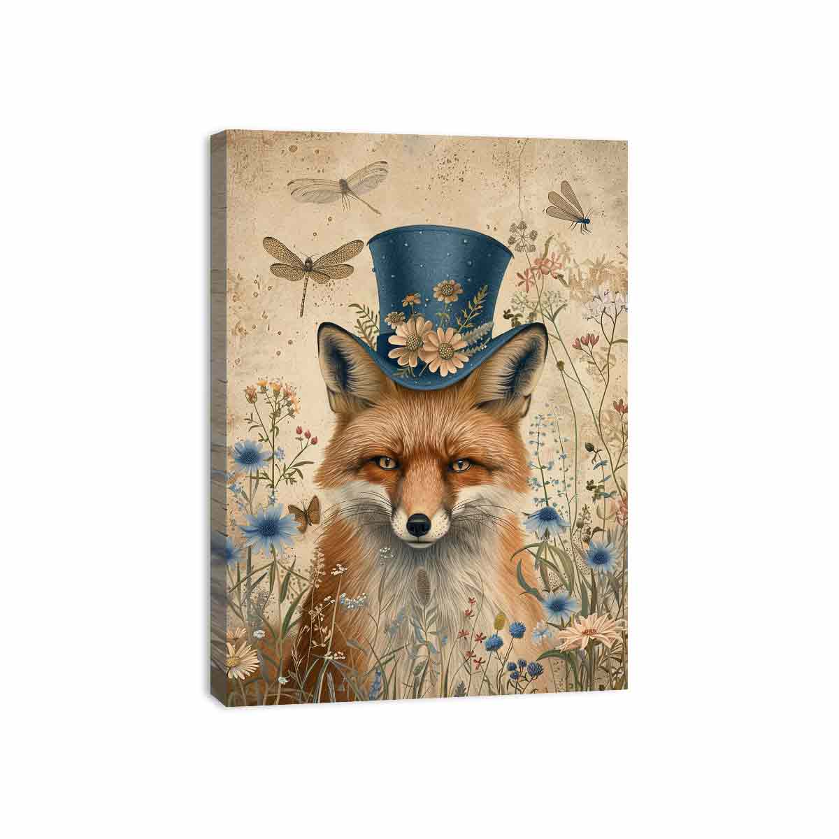 Whimsical fox canvas artwork with blue hat, flowers, and dragonflies for charming nursery decor.
