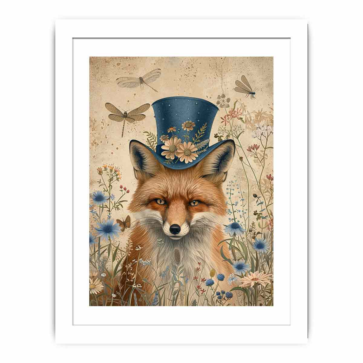 Whimsical fox canvas artwork with blue hat, flowers, and dragonflies for charming nursery decor.