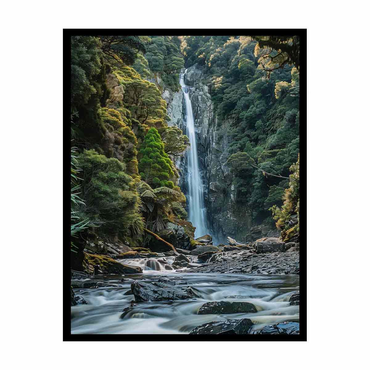 Lush forest waterfall canvas print with rocks and stream for serene living room decor.