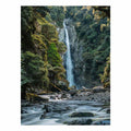 Lush forest waterfall canvas print with rocks and stream for serene living room decor.