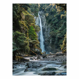 Lush forest waterfall canvas print with rocks and stream for serene living room decor.