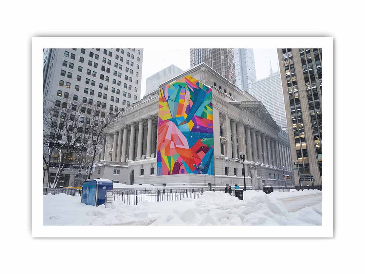 City architecture canvas print with colorful mural on snowy building for modern office decor.