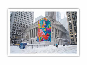 City architecture canvas print with colorful mural on snowy building for modern office decor.
