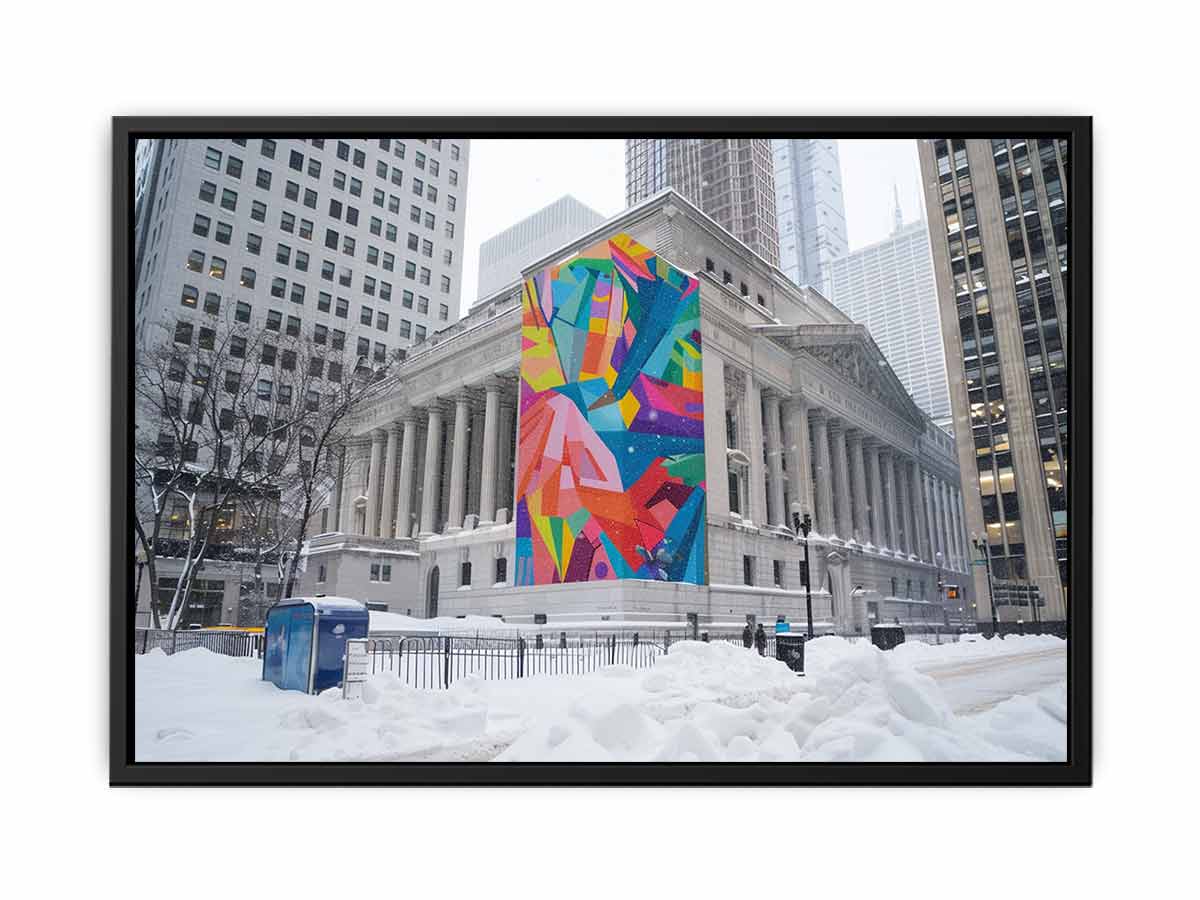 City architecture canvas print with colorful mural on snowy building for modern office decor.