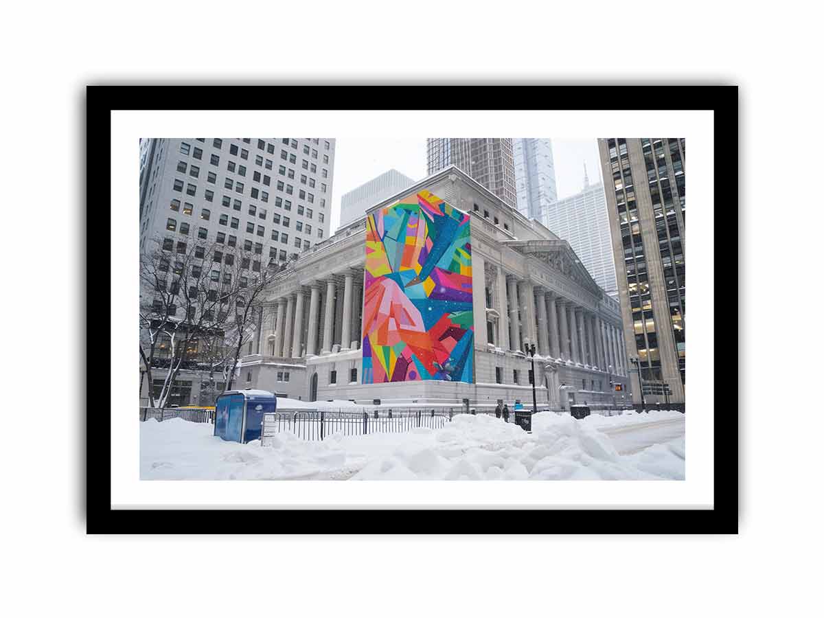 City architecture canvas print with colorful mural on snowy building for modern office decor.