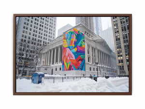 City architecture canvas print with colorful mural on snowy building for modern office decor.