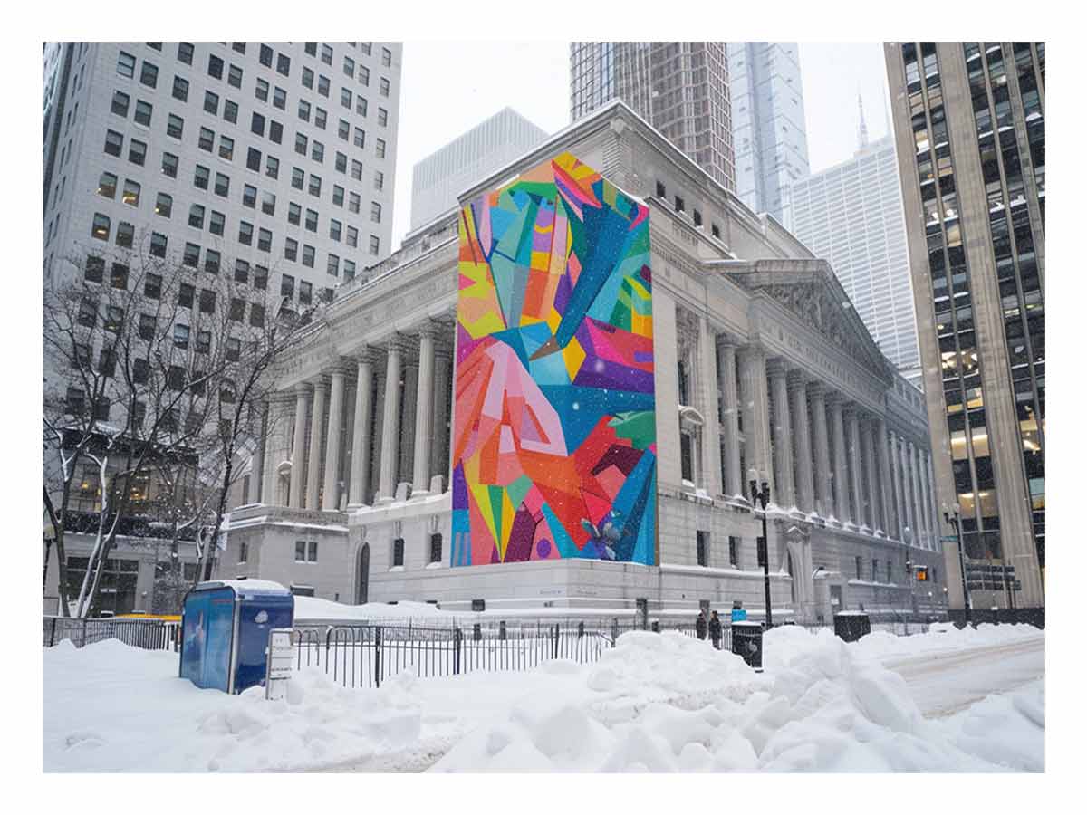 City architecture canvas print with colorful mural on snowy building for modern office decor.