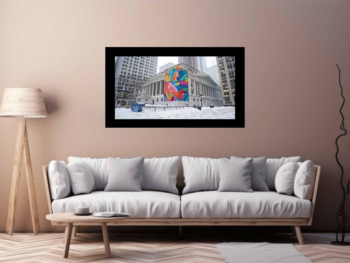 City architecture canvas print with colorful mural on snowy building for modern office decor.