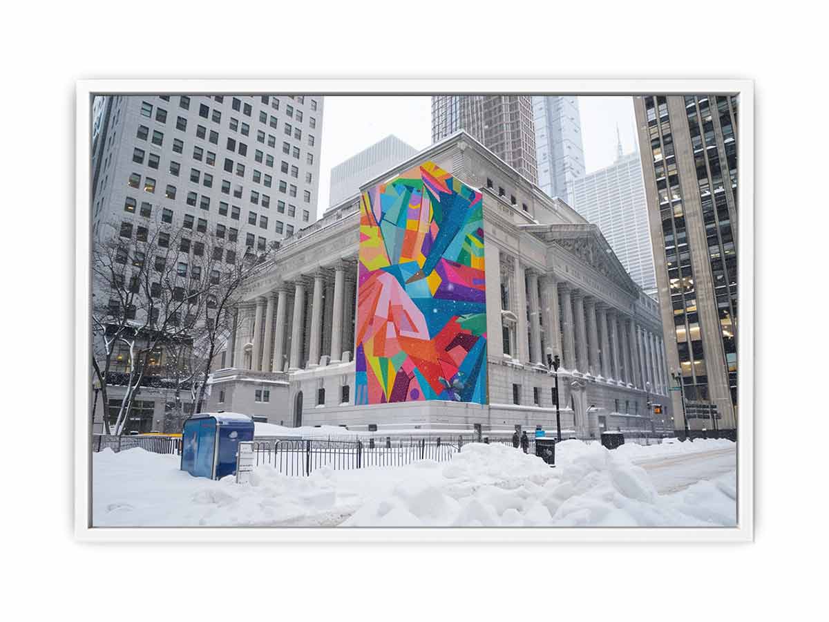 City architecture canvas print with colorful mural on snowy building for modern office decor.