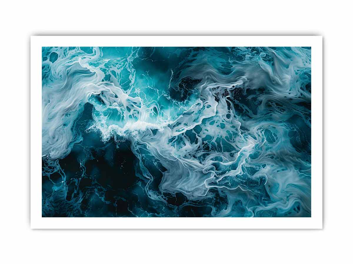 Ocean foam abstract canvas art in teal and white for coastal modern living room decor.