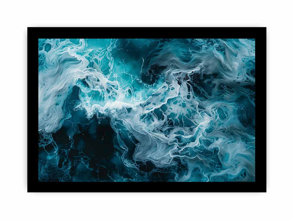 Ocean foam abstract canvas art in teal and white for coastal modern living room decor.