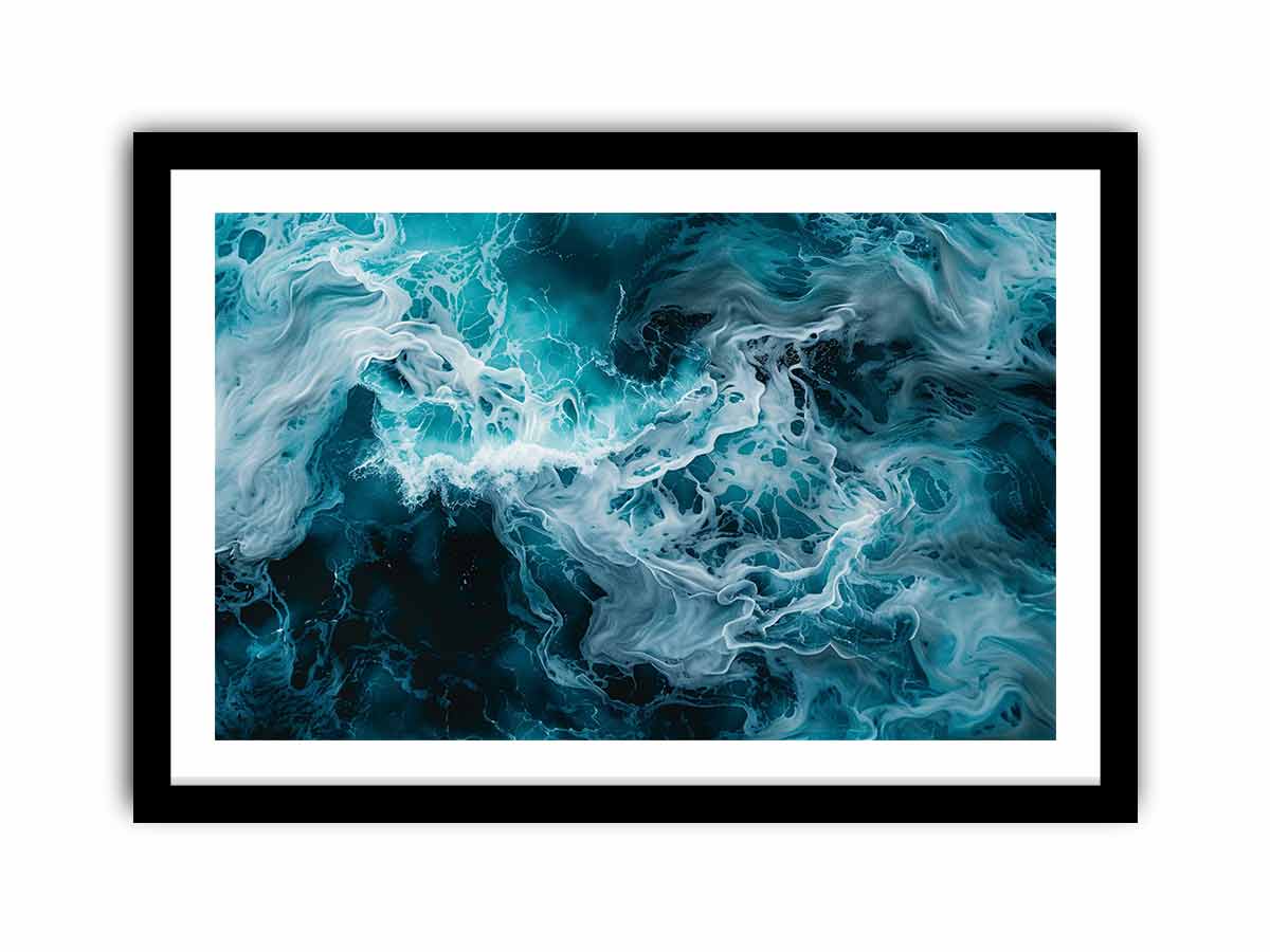 Ocean foam abstract canvas art in teal and white for coastal modern living room decor.