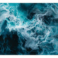 Ocean foam abstract canvas art in teal and white for coastal modern living room decor.
