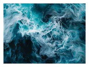 Ocean foam abstract canvas art in teal and white for coastal modern living room decor.