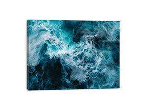 Ocean foam abstract canvas art in teal and white for coastal modern living room decor.