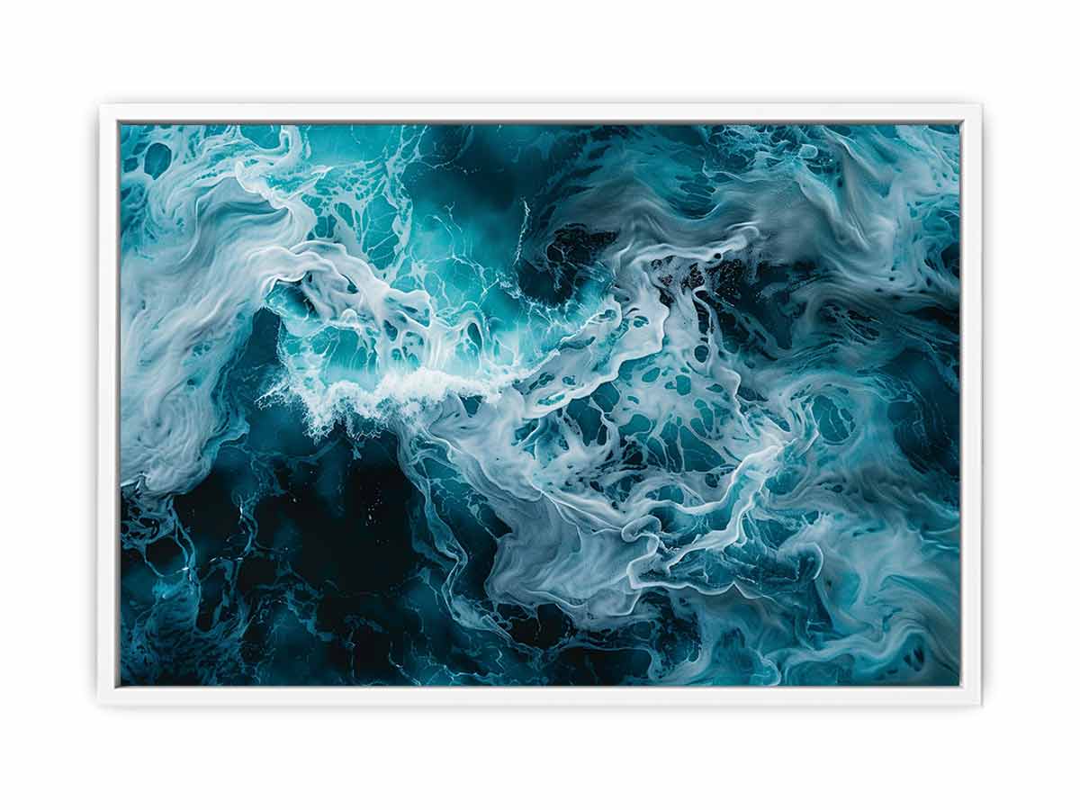 Ocean foam abstract canvas art in teal and white for coastal modern living room decor.