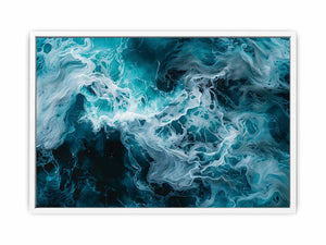 Ocean foam abstract canvas art in teal and white for coastal modern living room decor.
