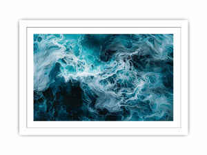 Ocean foam abstract canvas art in teal and white for coastal modern living room decor.