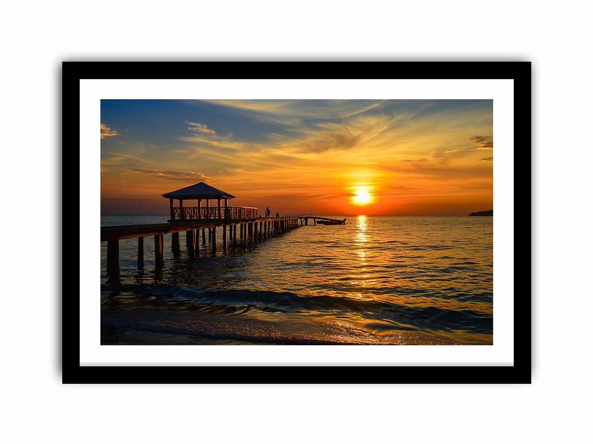 Golden sunset pier canvas print with ocean and gazebo for warm coastal living room decor.