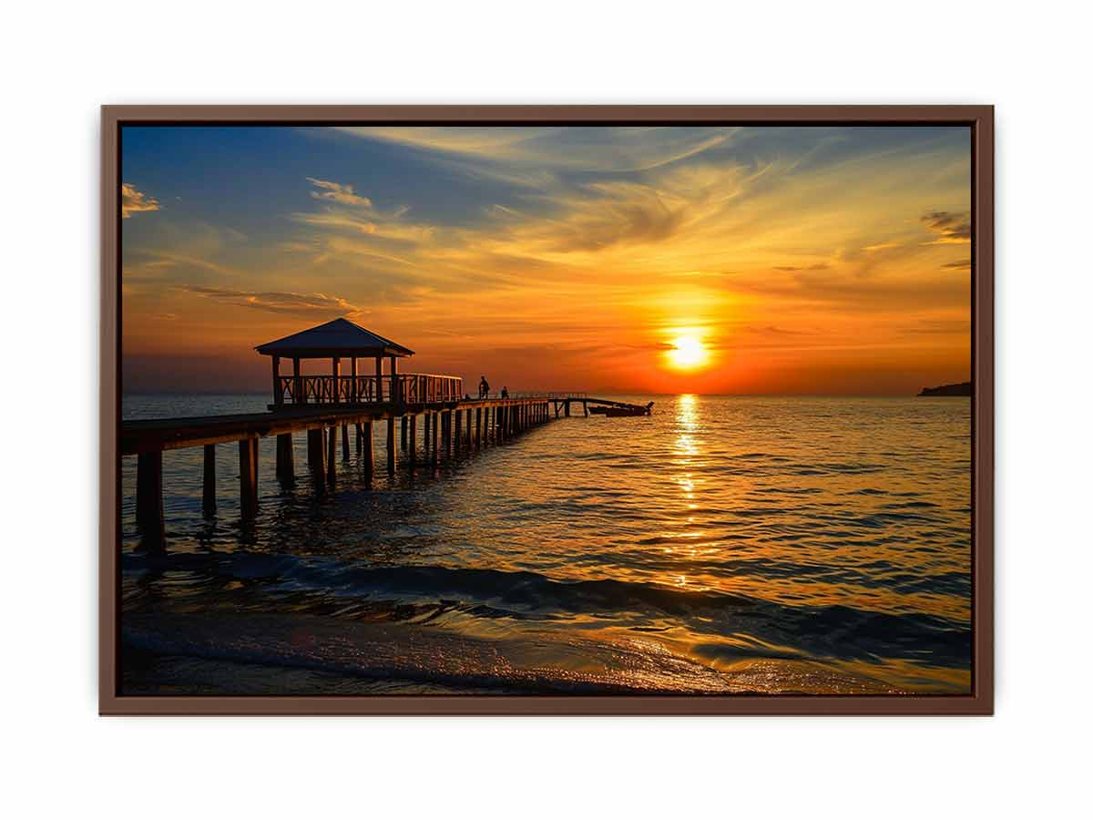 Golden sunset pier canvas print with ocean and gazebo for warm coastal living room decor.
