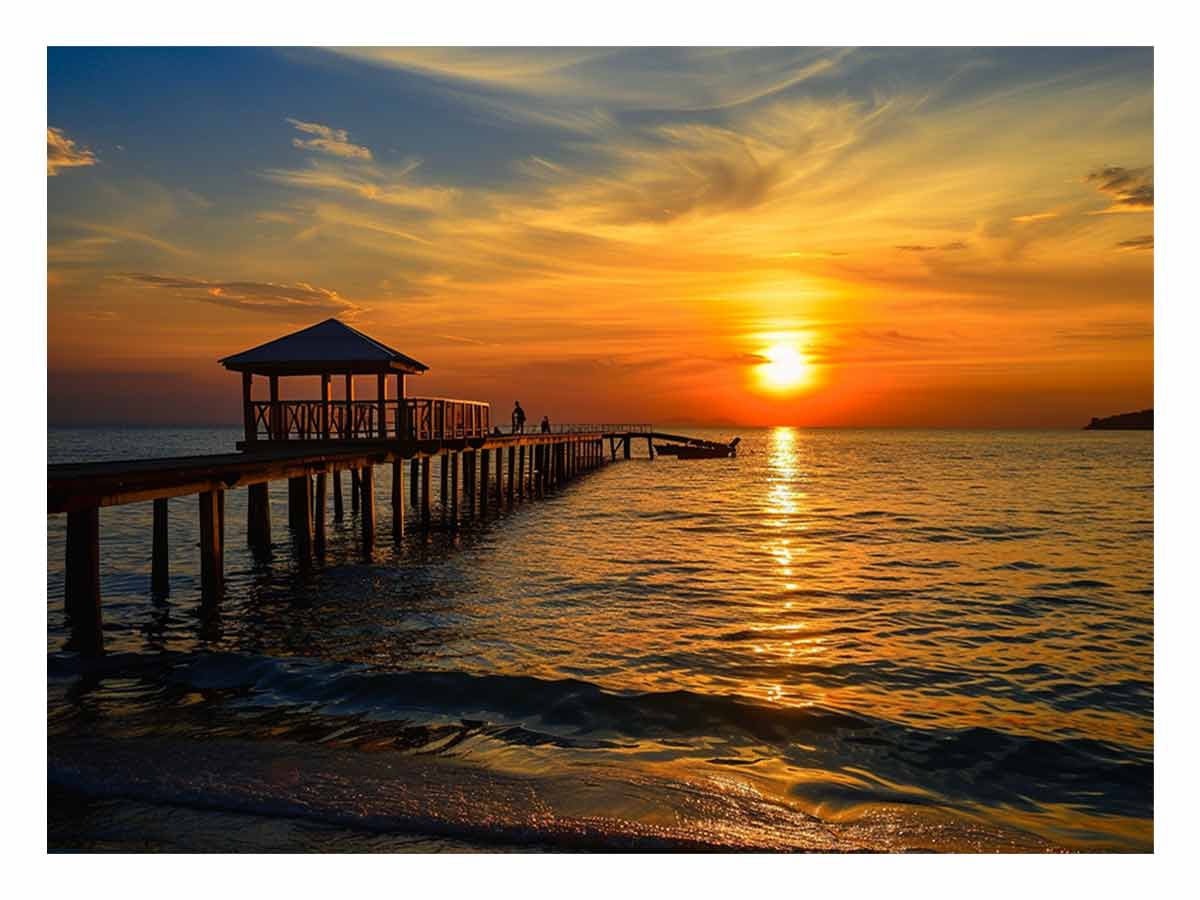 Golden sunset pier canvas print with ocean and gazebo for warm coastal living room decor.