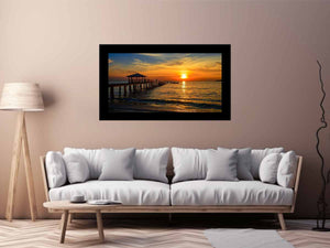 Golden sunset pier canvas print with ocean and gazebo for warm coastal living room decor.