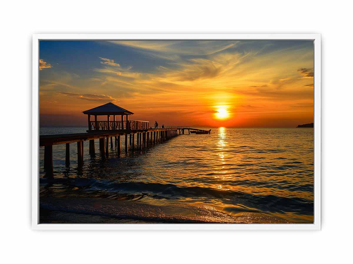 Golden sunset pier canvas print with ocean and gazebo for warm coastal living room decor.
