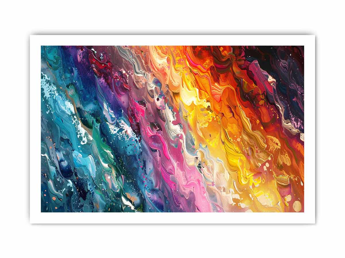 Colorful abstract paint canvas with teal, pink, orange, and yellow texture for bold living room decor.