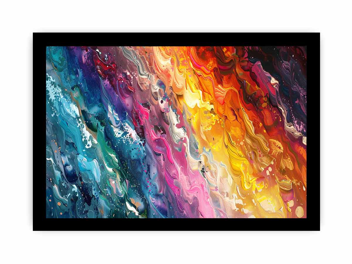 Colorful abstract paint canvas with teal, pink, orange, and yellow texture for bold living room decor.