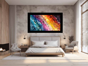 Colorful abstract paint canvas with teal, pink, orange, and yellow texture for bold living room decor.