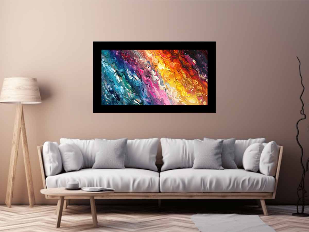 Colorful abstract paint canvas with teal, pink, orange, and yellow texture for bold living room decor.