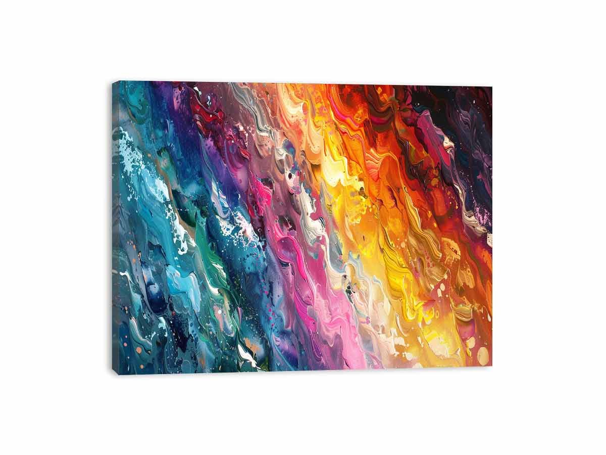 Colorful abstract paint canvas with teal, pink, orange, and yellow texture for bold living room decor.