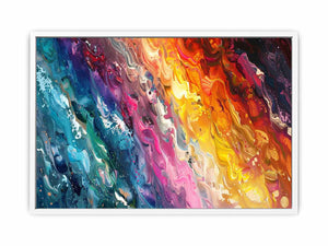 Colorful abstract paint canvas with teal, pink, orange, and yellow texture for bold living room decor.