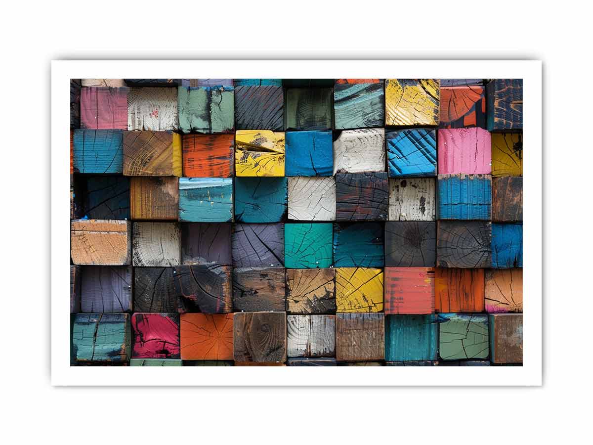 Rustic color block wood canvas art with stacked painted blocks for modern farmhouse decor.