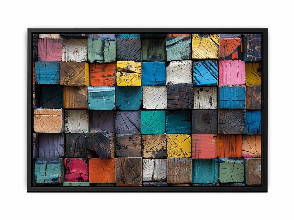 Rustic color block wood canvas art with stacked painted blocks for modern farmhouse decor.