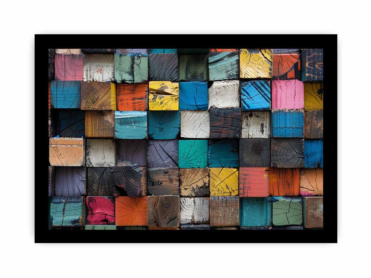 Rustic color block wood canvas art with stacked painted blocks for modern farmhouse decor.
