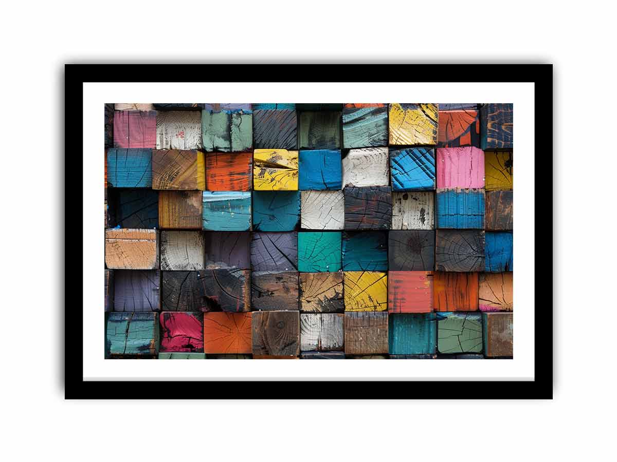 Rustic color block wood canvas art with stacked painted blocks for modern farmhouse decor.