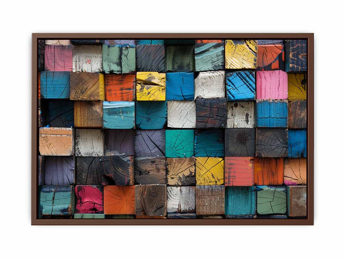 Rustic color block wood canvas art with stacked painted blocks for modern farmhouse decor.