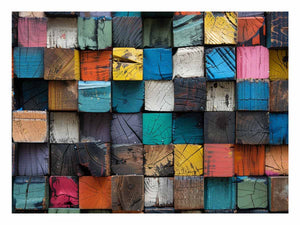 Rustic color block wood canvas art with stacked painted blocks for modern farmhouse decor.