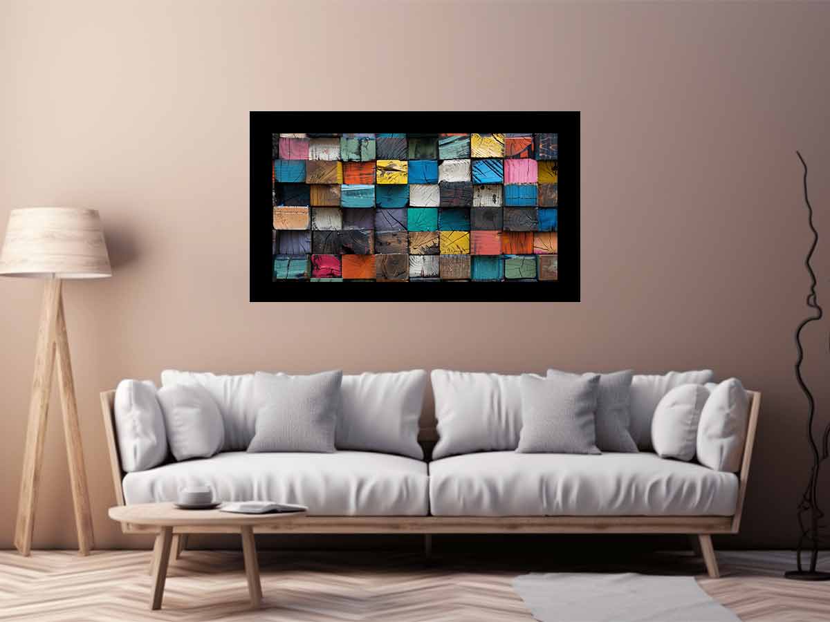 Rustic color block wood canvas art with stacked painted blocks for modern farmhouse decor.