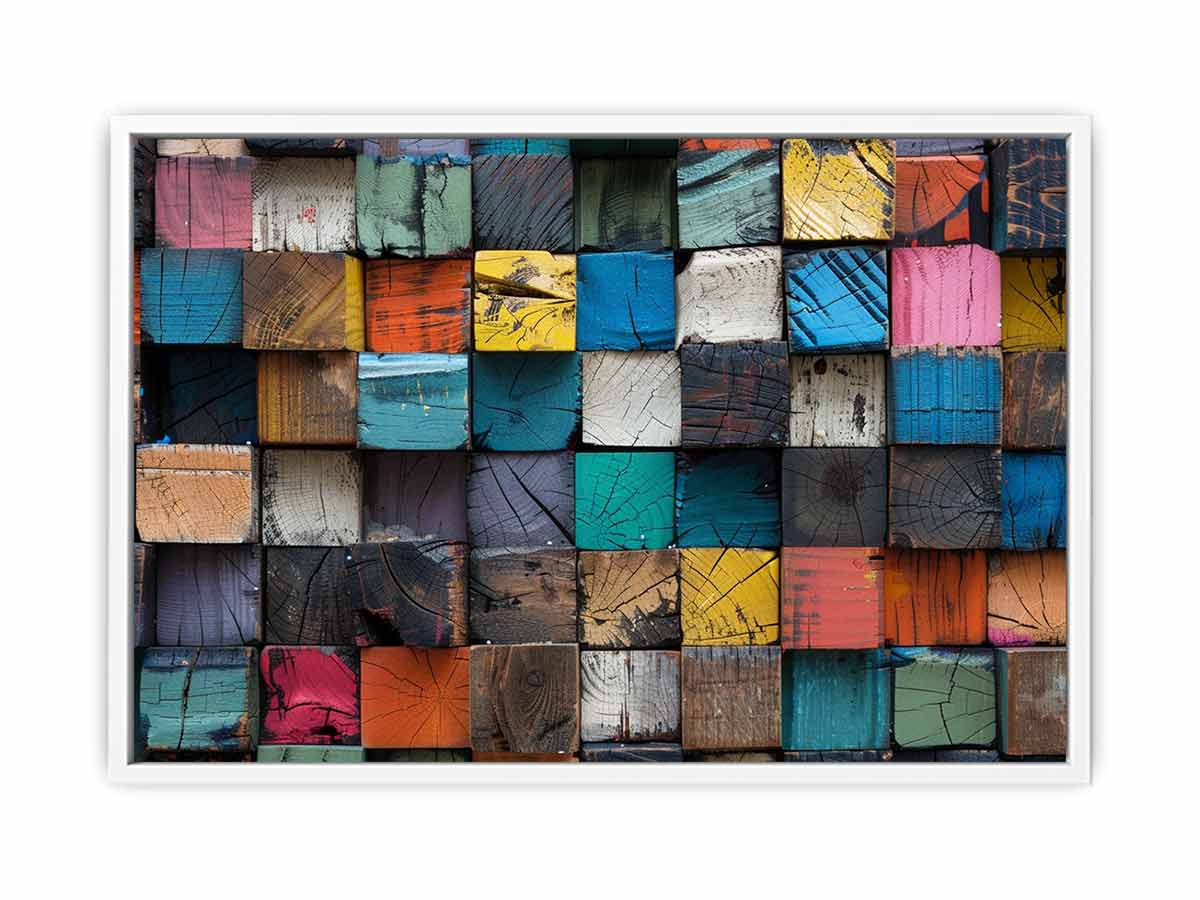 Rustic color block wood canvas art with stacked painted blocks for modern farmhouse decor.