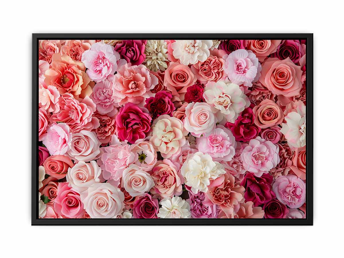 Pink floral canvas print with roses and layered blossoms for elegant bedroom wall decor.